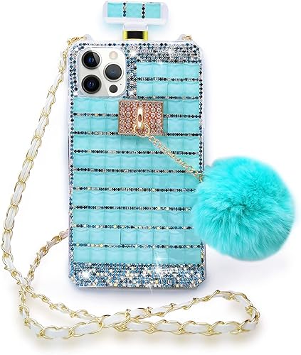 Losin Compatible con iPhone 15 Pro Max Bling Case Luxury 3D Perfume Bottle Design para mujeres y niñas con correa de cordón cruzado y bonita bola