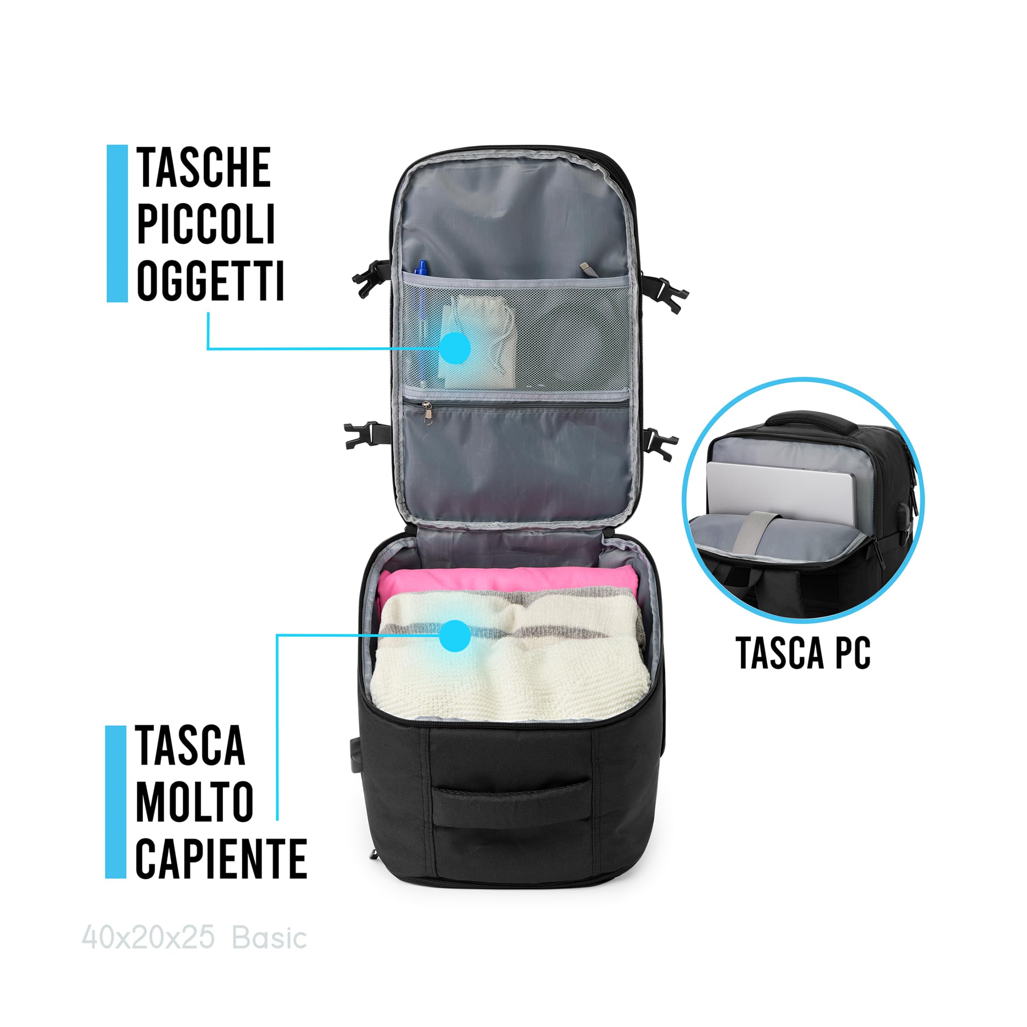 Snito Zaino Ryanair 40x20x25, Bagaglio a mano Ultraleggero con Porta USB per PC,Impermeabile e pieghevole,Zaino con Scomparto pc,Scarpe,Easyjet,Wizzair (BASIC, BLACK, 40 X20 X 25 CM)