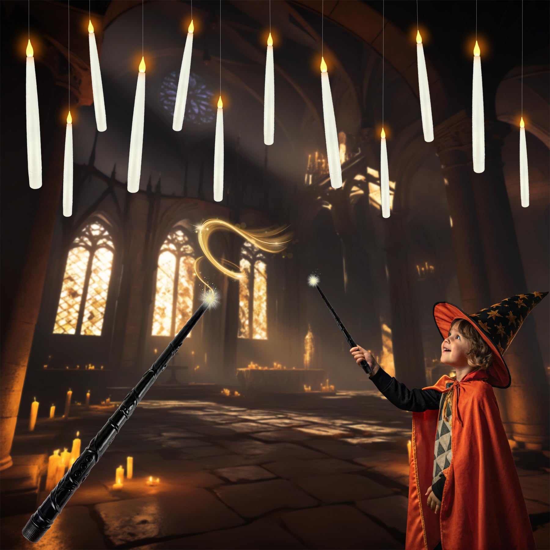 Gillterway 12Pcs 12 Pcs Floating Candles With Wand, Floating Candles With Wand Remote, Led Taper Candle, Hanging Candle, Flickering Warm Light Flameless Floating Led Candle, For Christmas Decorations Best Gift