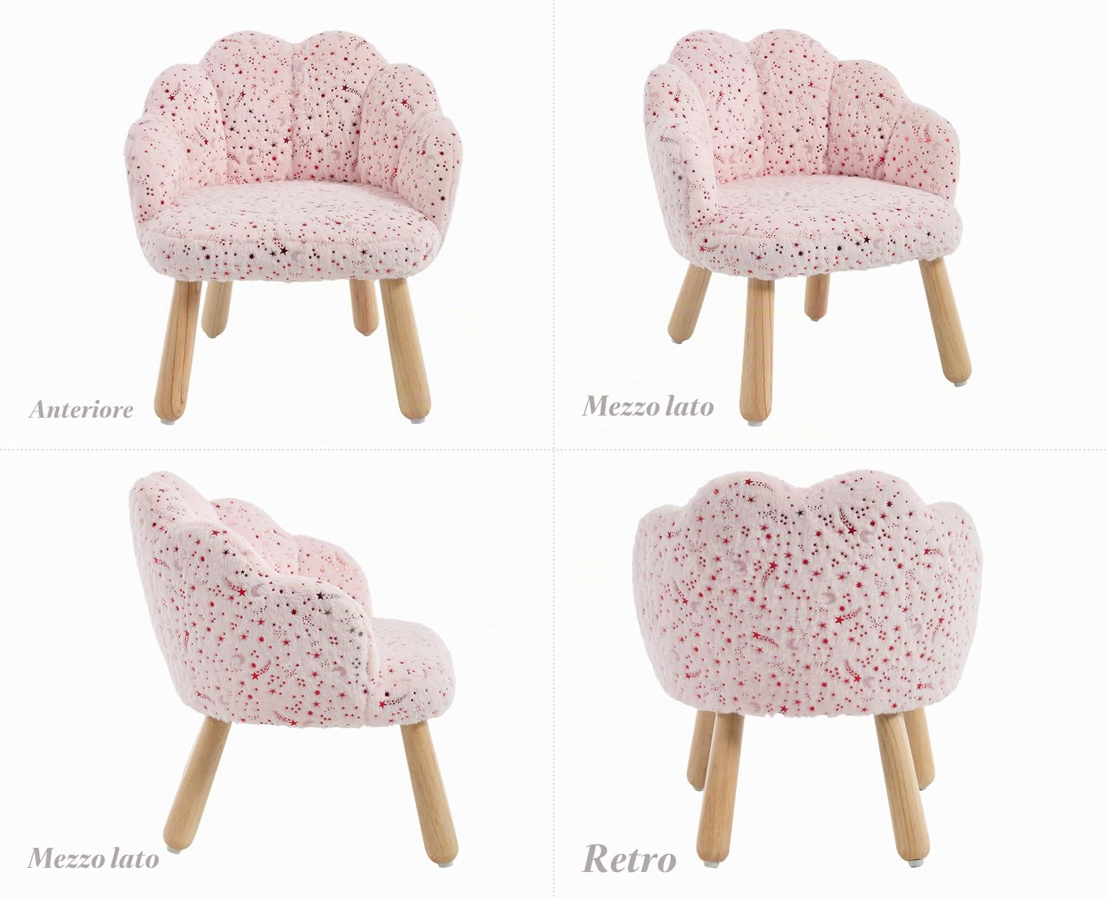 Sedia Carina per Bambini in Pelliccia Poltroncina per Bambini con Schienale a Petali Divanetto Bambino in Legno per Camera da Letto/Soggiorno/Sala Giochi, Rosa