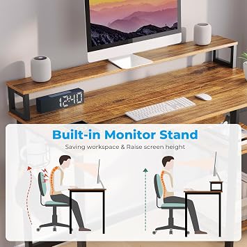GreenForest Computer Desk with Full Monitor Stand,100 cm Home Office Desk with Reversible Storage Shelves,Small Study Desk with Headphone Hook and Cup Holder,Brown