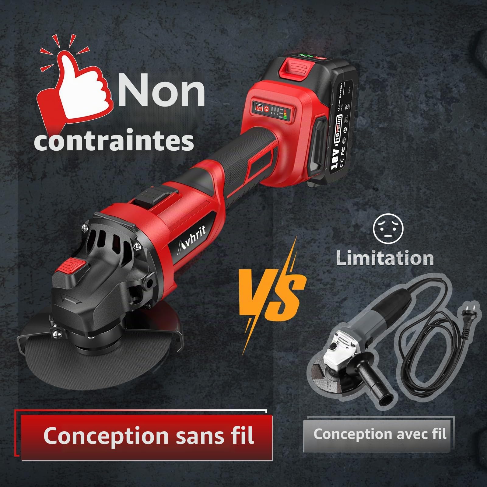 Meuleuse d'angle sans fil avec 2 x 5,0 Ah, 9500 tr/min, meuleuse d'angle 125 mm sans brosse, batterie Flex avec disques à tronçonner, disque abrasif pour coupe, élimination de la rouille