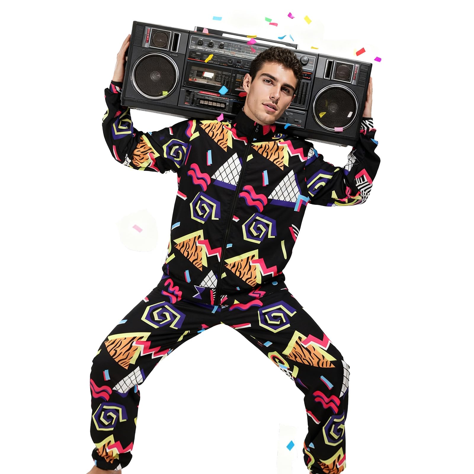 Lyxaof Adults 80s 90s Retro Hip Hop Tracksuit Fancy Vintage Costume Christmas Halloween Party Dress Up Outfit for Men Women (Black, M) - Image 2