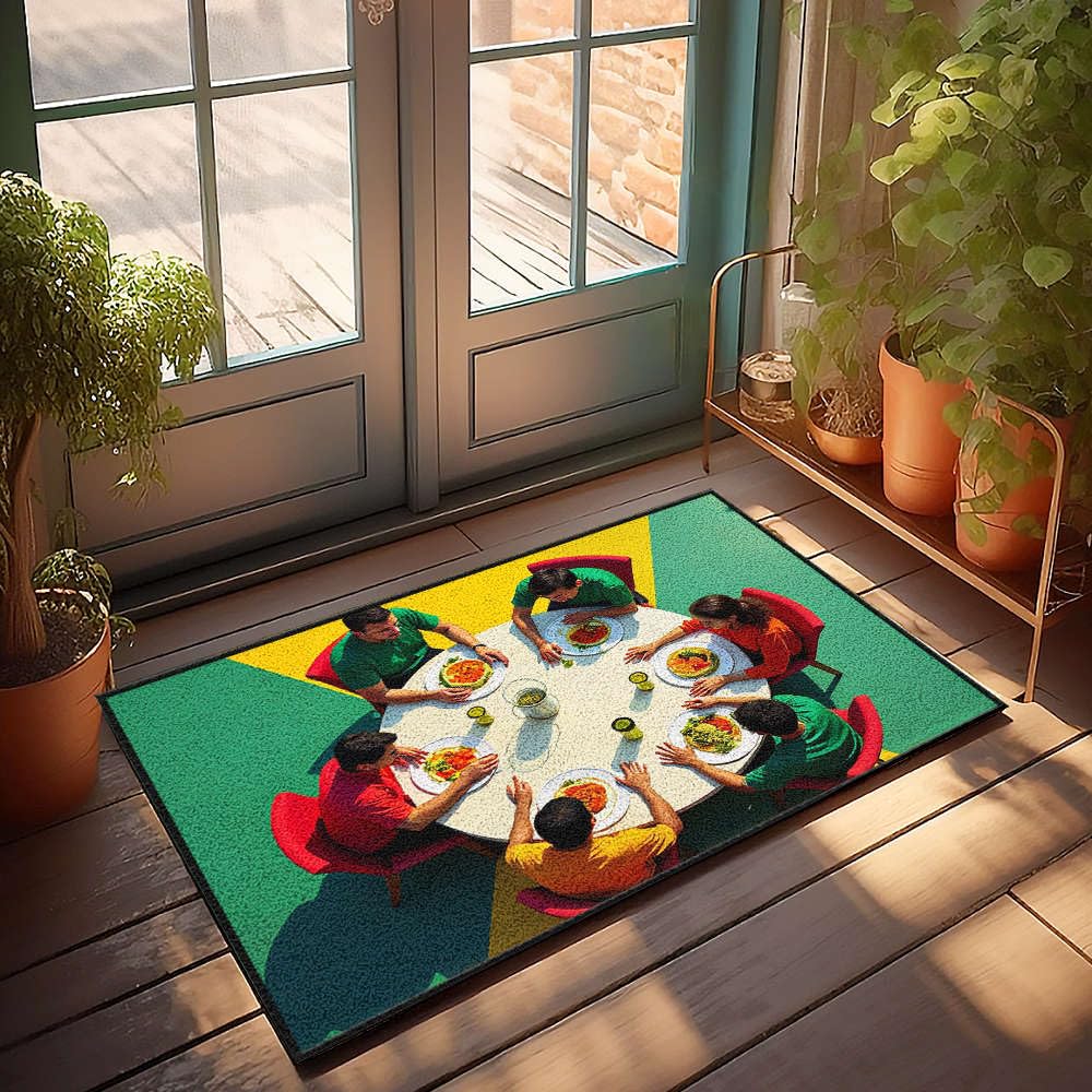 Paillasson grand format 65 x 90 cm avec motif humoristique de repas entre amis