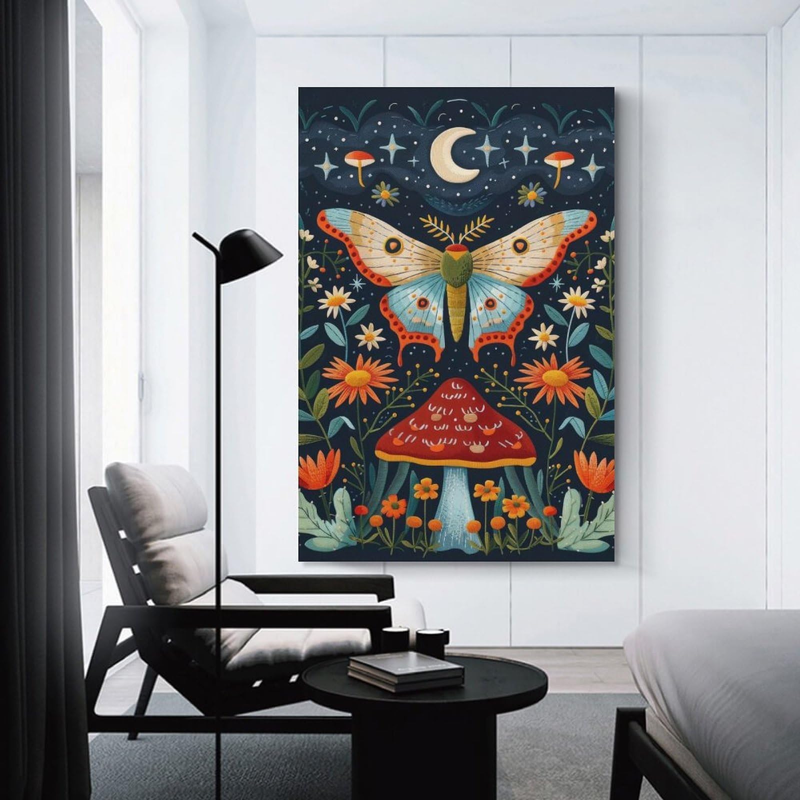 Junmoney Unframe-Style-9 Moth And Mushroom 3D Embroidery Art Wall Picture Print, 24X36inch(60X90cm), For New Homes, Bedrooms Or Workspaces, Thoughtful Wall Decor For Art Lovers