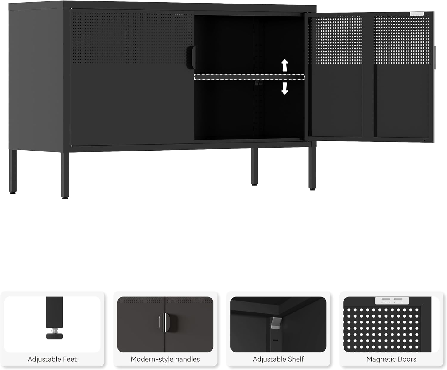 Metal Storage Cabinet,2 Door TV Stand, Metal Mesh Accent Cabinet,Magnetic Door Closure,Low Storage Cabinets with Doors and Shelf for Home,Office,Living Room
