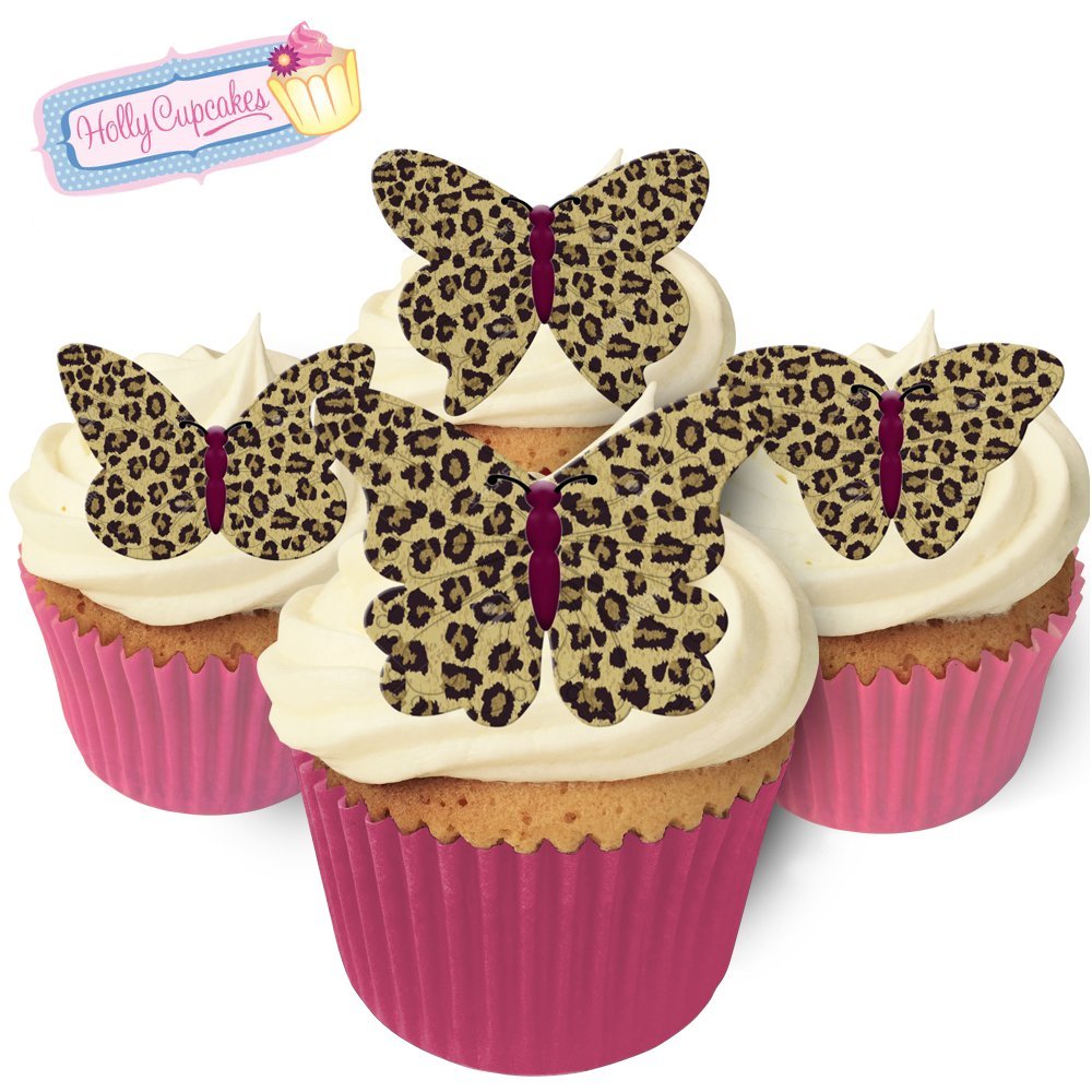 24 Edible Pre-Cut Wafer Butterfly Cake Toppers: Leopard
