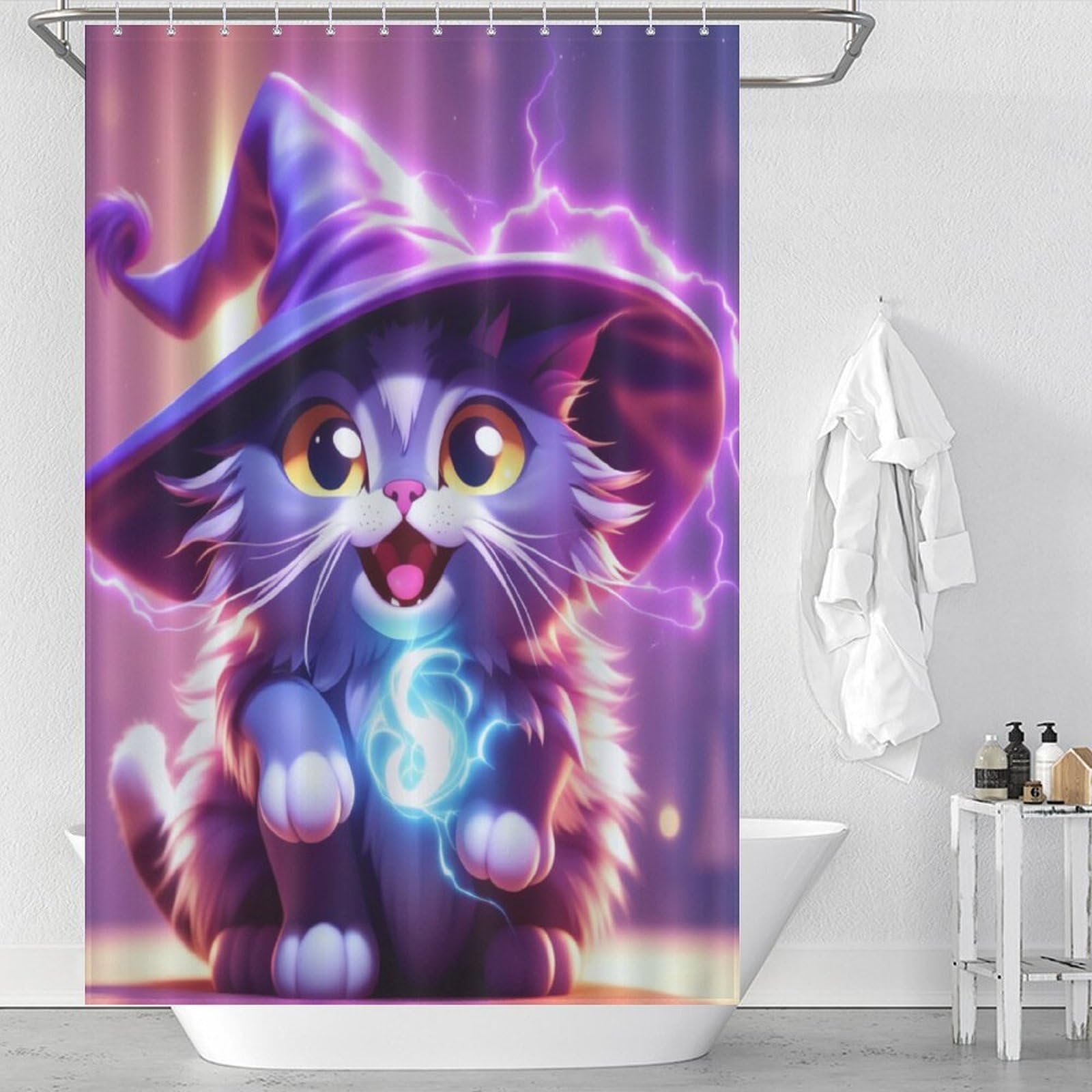 Rideau de douche imperméable et lavable avec motif chat d'Halloween