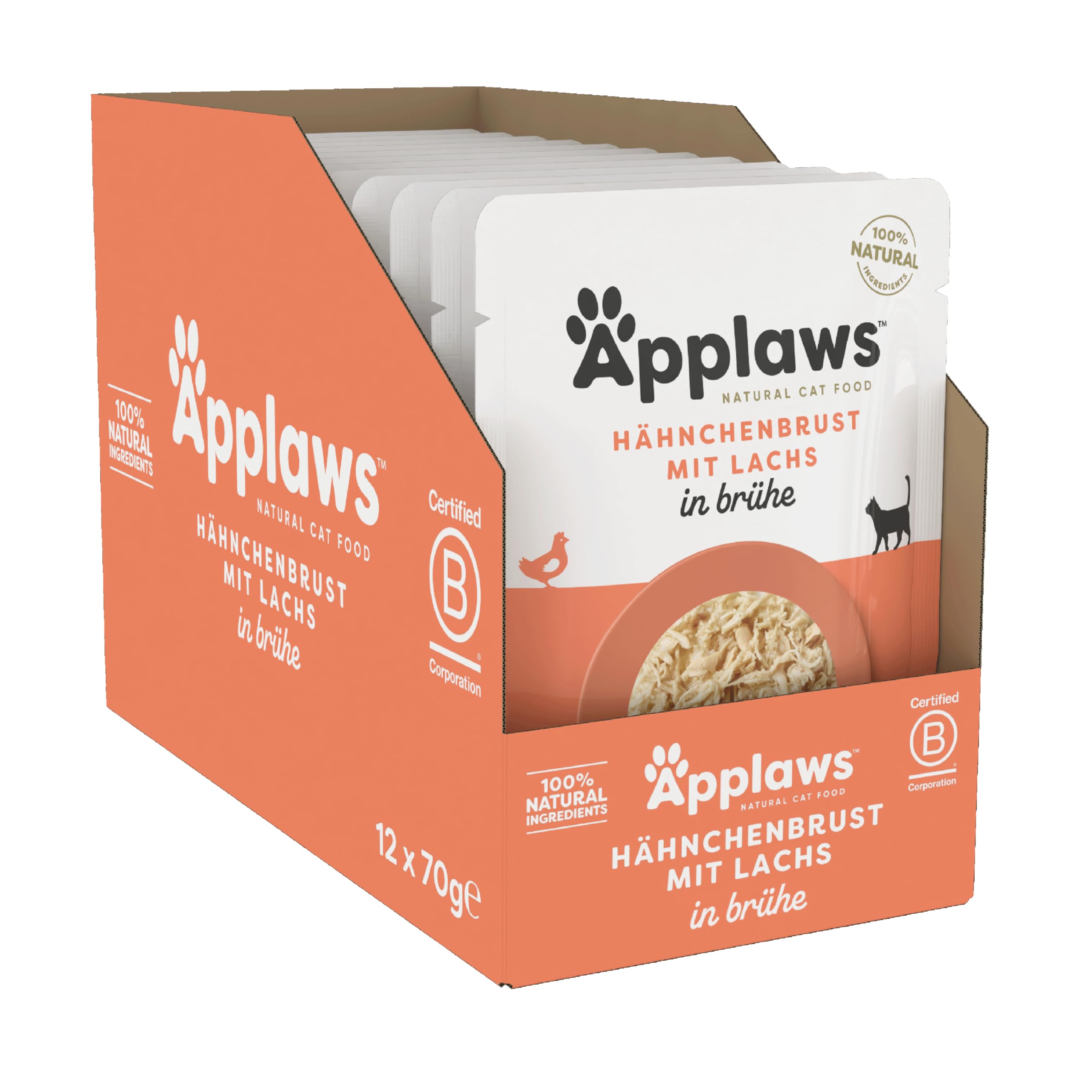 Applaws 100% natürliches Nassfutter für Katzen, Hühnerbrust mit Lachs in Brühe - Packung mit 12 x 70g Beuteln
