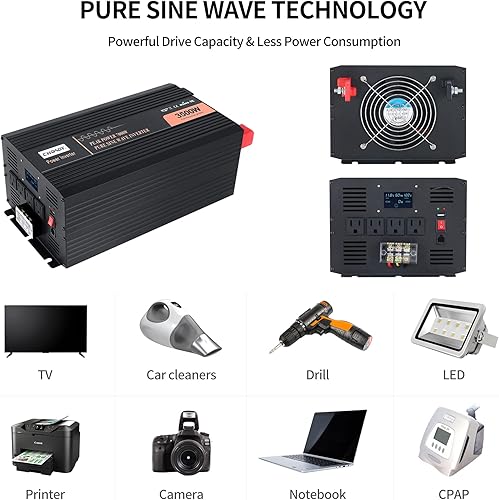 Miniatura 7 de Inversor de corriente, inversor de onda sinusoidal pura de 3500 W, CC 12 V a CA, 120 V, inversor de automóvil con pantalla digital LCD, control