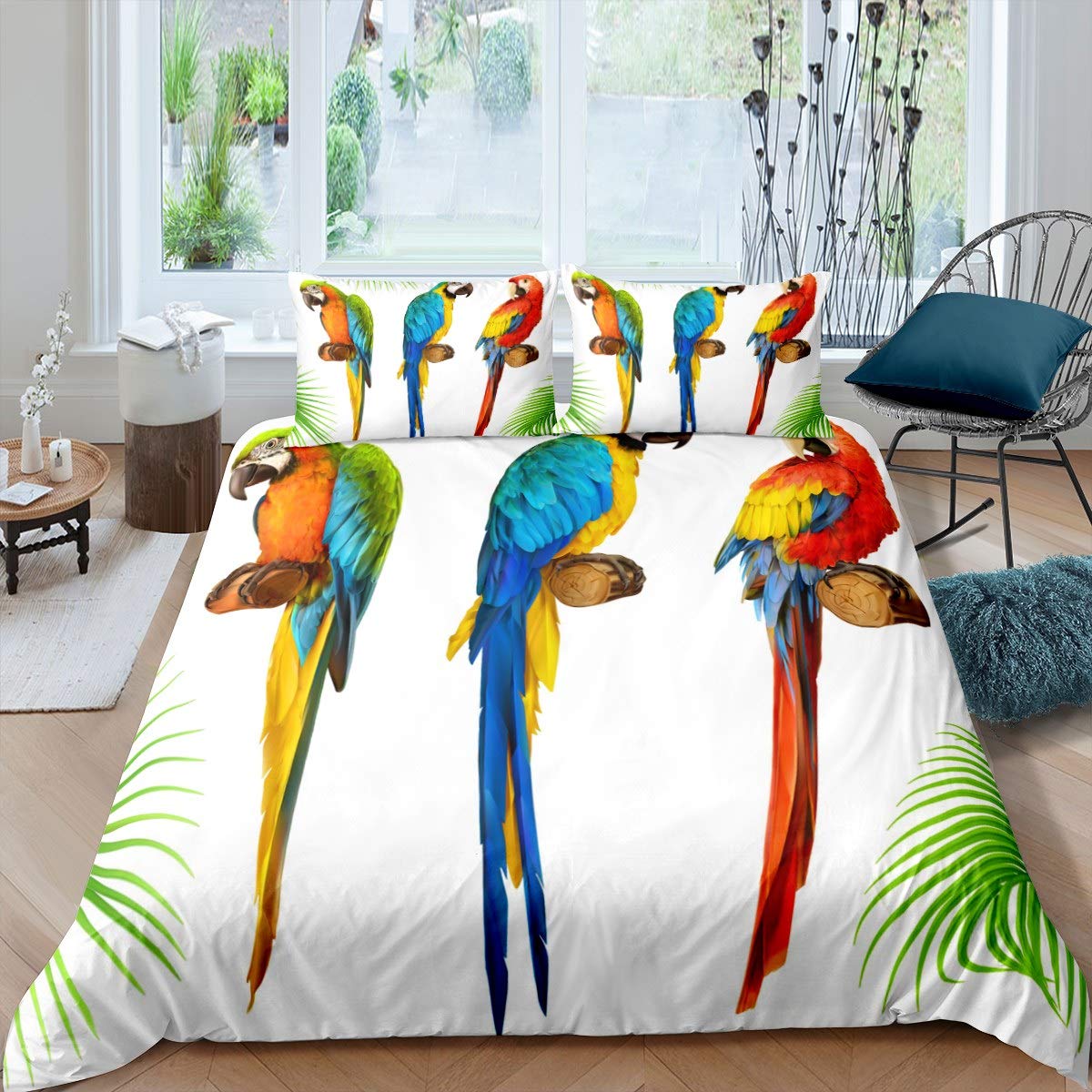Housse de couette perroquet imprimée haut de gamme motif oiseaux tropicaux et palmes