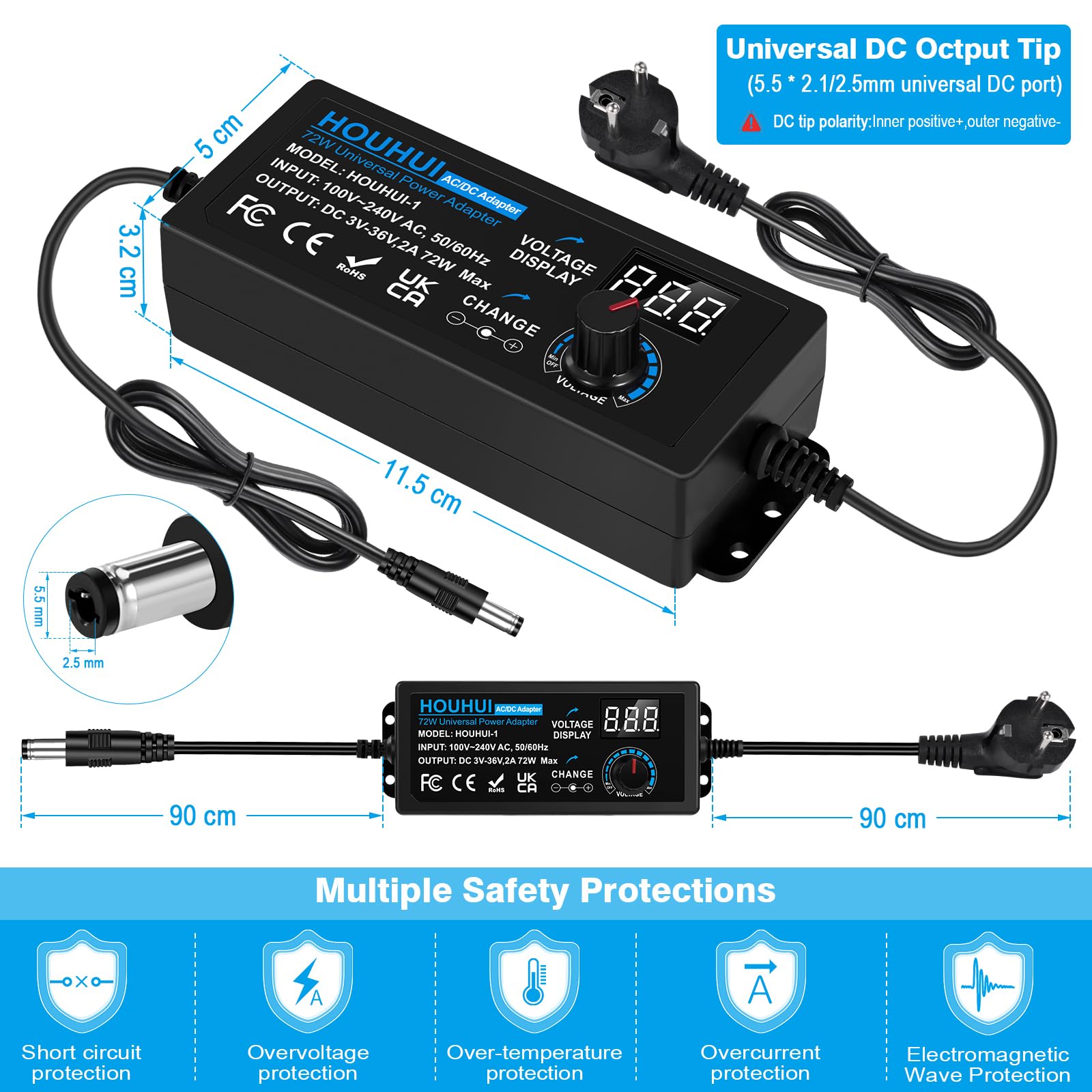 Uniwersalny regulowany zasilacz 3V-36V 2A 72W 100V-240V AC DC LED 5,5x2,5mm 16 końcówek