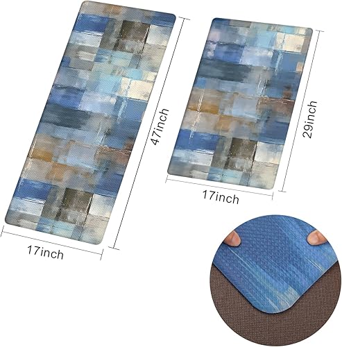 Miniatura 3 de Colorful Star Juego de 2 tapetes de cocina azules para suelo, de cuero de PVC, acolchado, impermeable, antideslizante, antifatiga, para decoración
