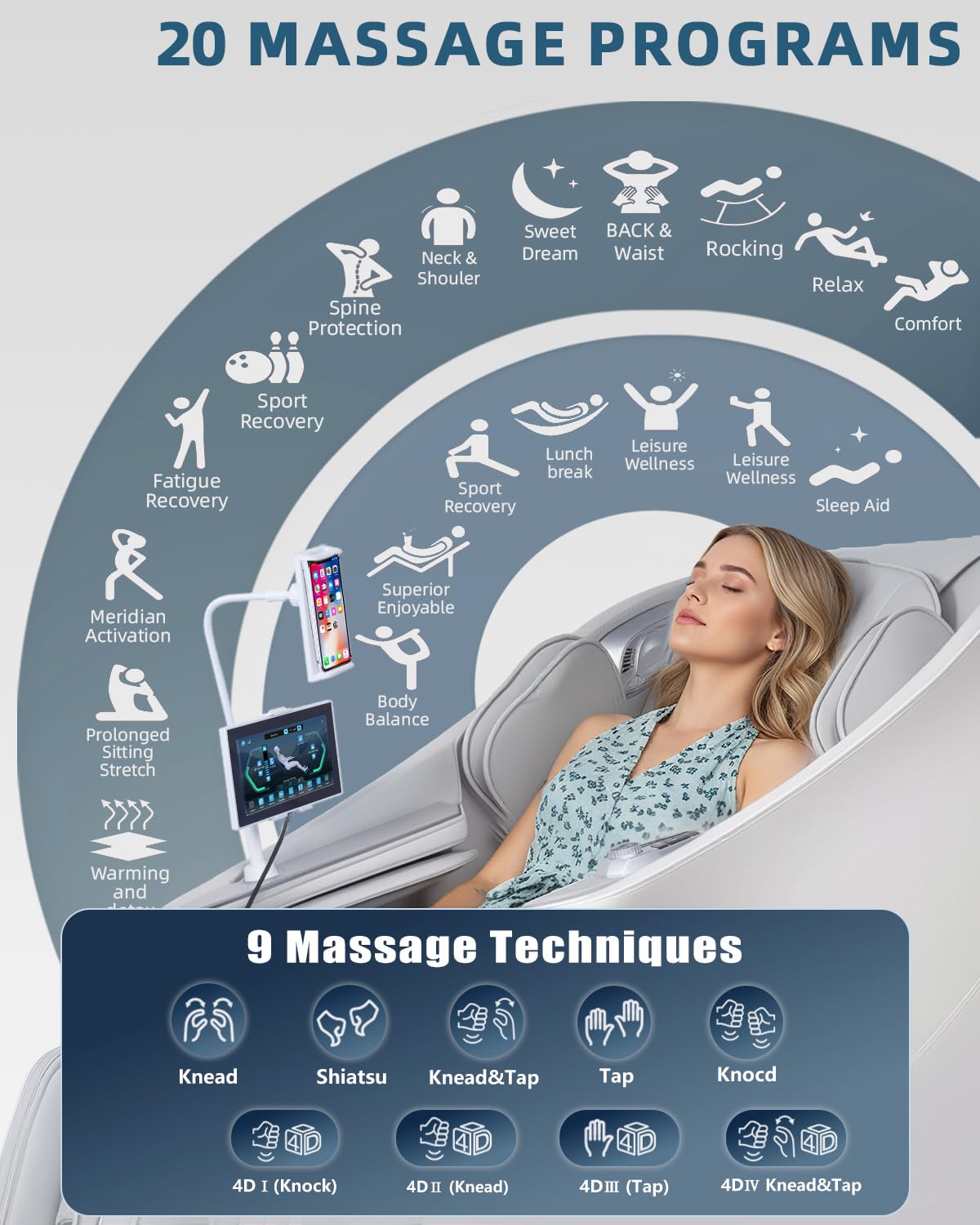 Sillón de Masaje Corporal Completo con Pantalla táctil (Blanco) | masaje 4D, gravedad cero, riel SL, función de calefacción para pantorrillas y espalda, asiento de masaje Shiatsu