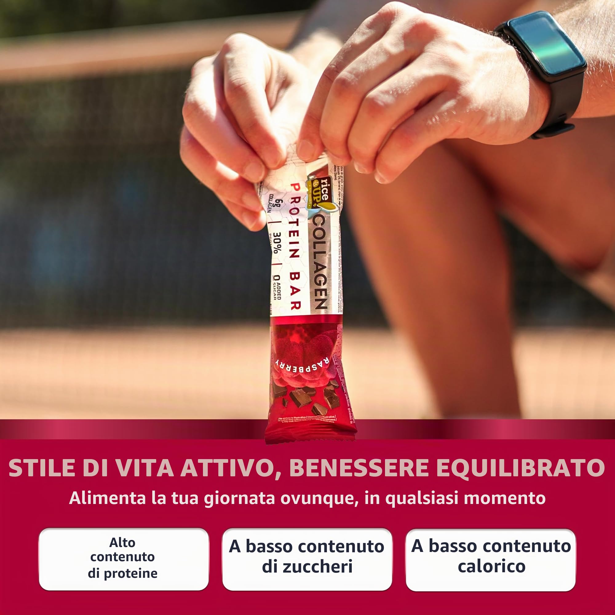 RiceUP! Barre Proteiche con Collagene, Gusto Lampone, 12 x 42g | 6000 mg Collagene (I+III), 30% Proteine, Senza Zucchero