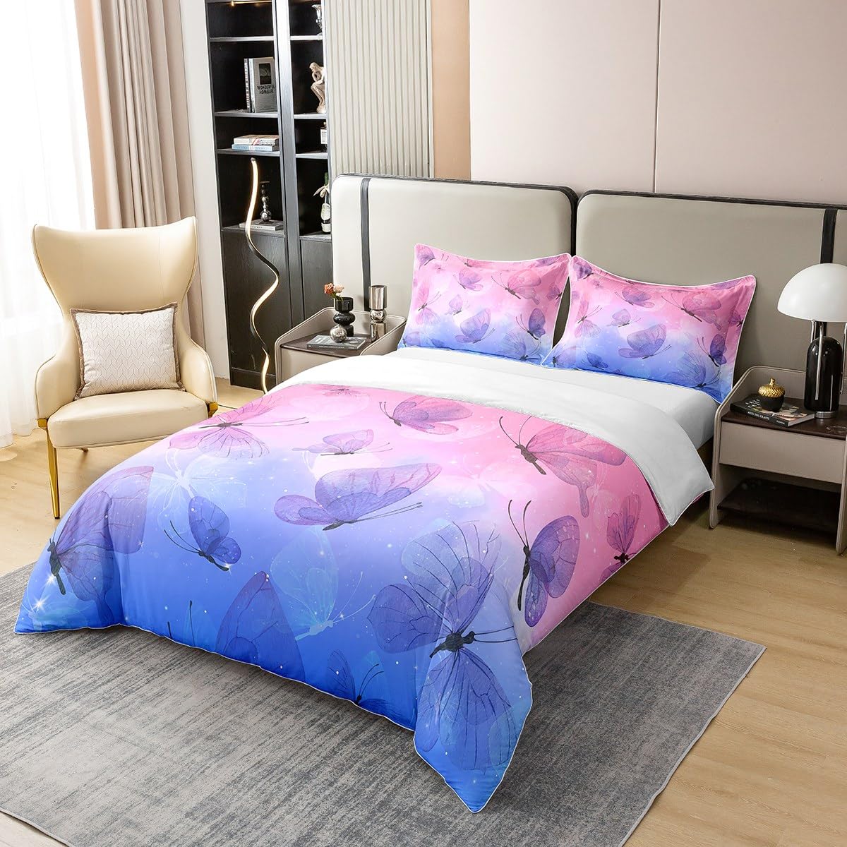 Set di biancheria da letto per bambine con copripiumino e 2 federe, 100% cotone, con stampa di farfalle, colore blu e viola
