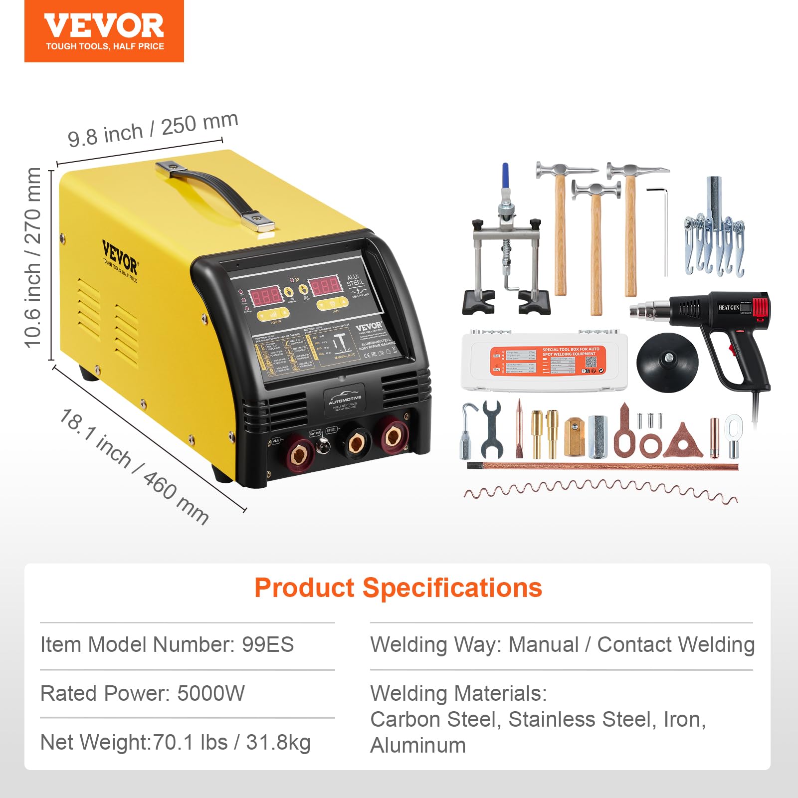VEVOR Dual Ausbeulspotter Deluxe AL/Fe Dellenreparatur-Set, 5-kW-Schweißgerät mit automatischem/manuellem Schweißen & 10 Modi, Punktschweißgerät für die Reparatur von Autoteilen aus Stahl & Aluminium