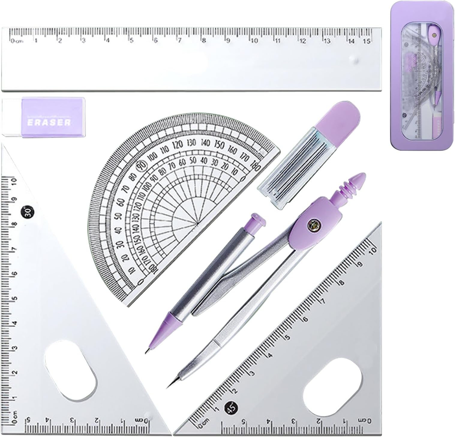 Ruler Compass Protractor Set Compass and Protractor Set, Geometry Kit for Artists and Students - Protective Kit Box for Classroom and School Supplies,