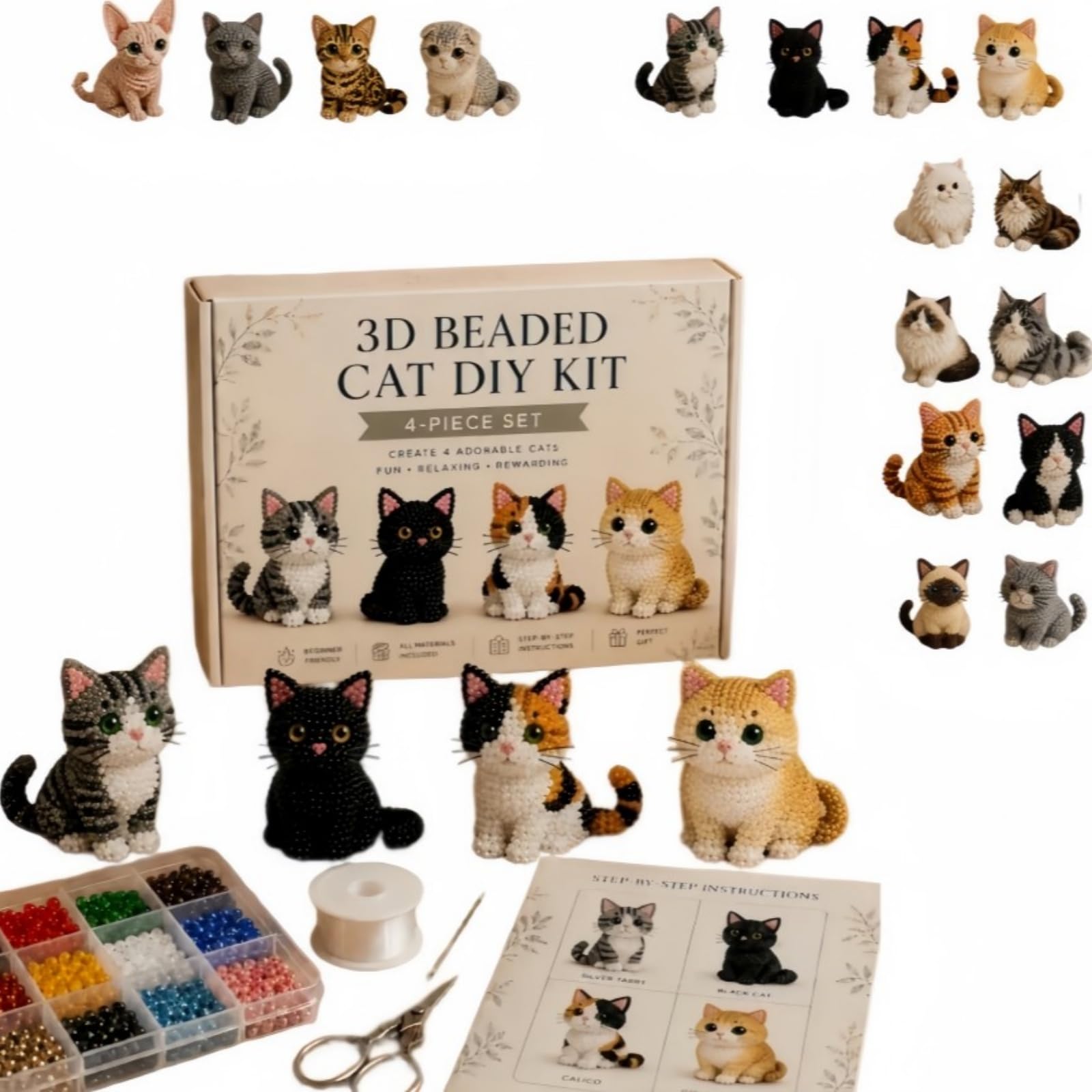 3D Beaded Cat DIY Kit, Beginner Friendly 3D Beaded Cat DIY Kit