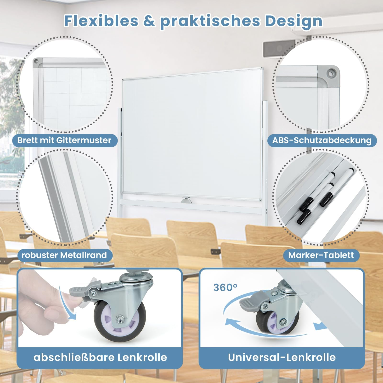 FANTASK Doppelseitiges mobiles Whiteboard, 120 x 90 cm, Trocken abwischbares magnetisches Whiteboard mit Gittermuster, Rollen, Ständer und Stiftablage, inkl. Zubehör für Büro, Zuhause (Weiß)