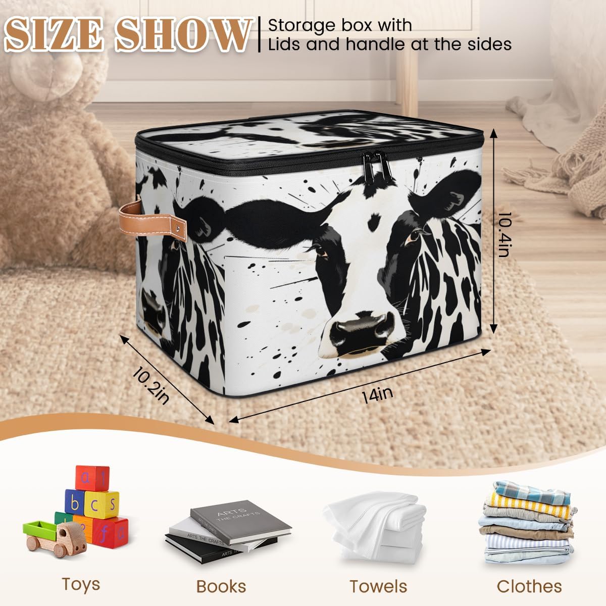 Storage Bin Set of 2 Cow Animal Storage Basket with Zipper Lid & Handle Foldable Closet Shelf 2 Pack Cloth Organizer Basket Cube Bins Clothes Organizer for Bedroom, Nursery