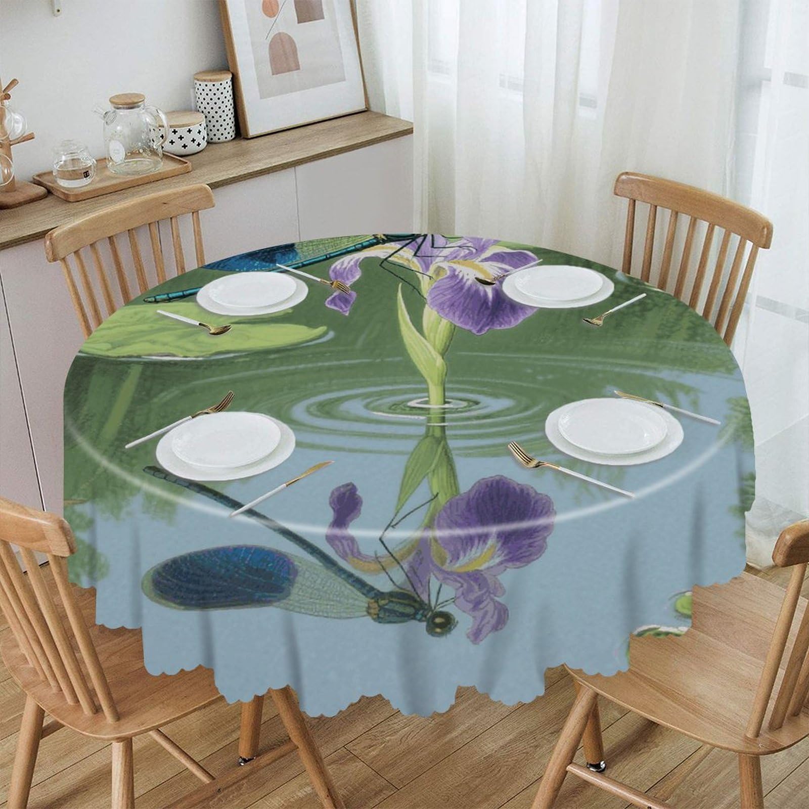 VstaDank Dragonflies Round Tablecloth Wipeable Round Polyester Tablecloth Waterproof Wrinkle Free Indoor and Outdoor Table Cover 60 Inch Decorative Farmhouse Table Cloth for Dining