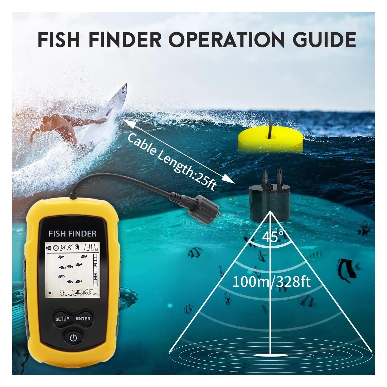 Sonda portátil for Pesca, Cobertura del Sonar, ecosonda, Alarma, transductor, Pesca en el Lago y el mar.