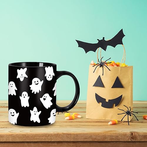 Miniatura 7 de Whaline Taza de Halloween de 12 onzas con diseño de fantasma, taza de café con fantasmas negros y blancos de cerámica, tazas de fiesta de Halloween