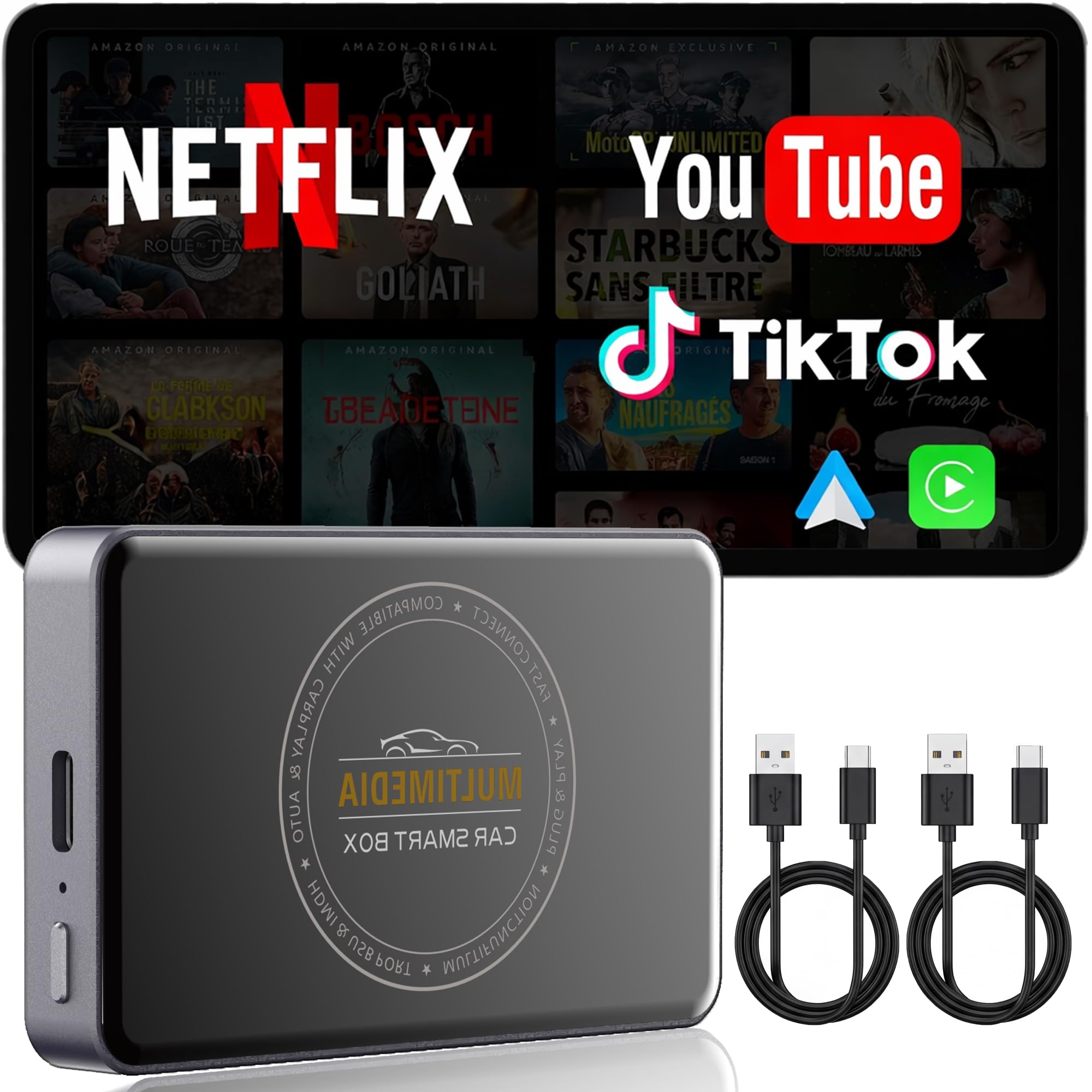 Kabelloser CarPlay Adapter, 3-in-1 AI Box für CarPlay/Android Auto/Video, Plug & Play, integriertes Netflix & YouTube, kompatibel mit werksseitig kabelgebundenem CarPlay & Android Auto