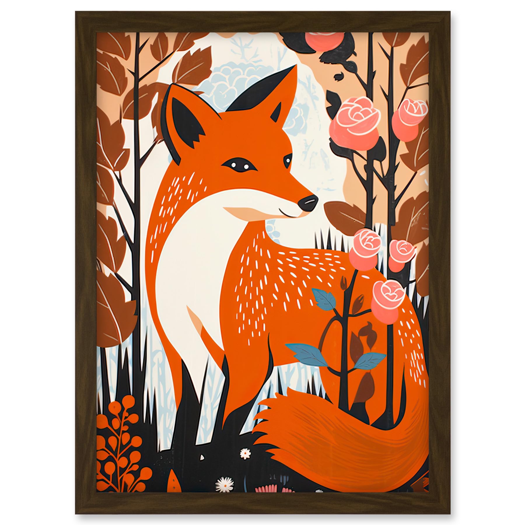 Artery8 The Fox and Rose Bush Pastel Colour Autumn Forest Landscape Flowers Artwork Framed A3 Wall Art Print