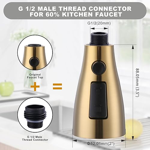 Miniatura 5 de ARCORA Cabezal rociador para grifo de cocina, dorado cepillado, boquilla rociadora de fregadero de cocina de 3 funciones con 9 adaptadores, repuesto