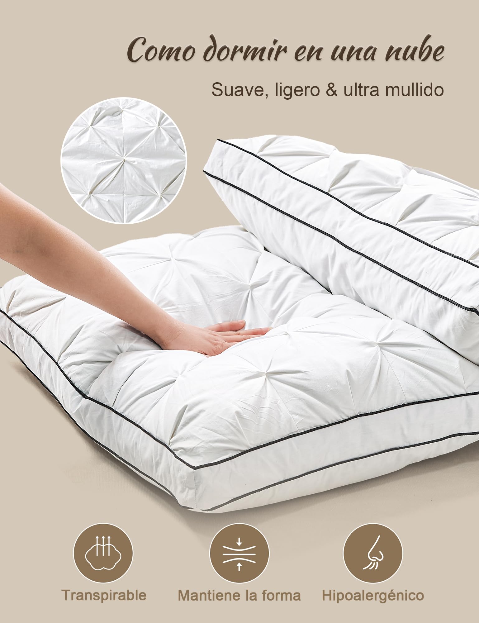 BPC Almohada de plumón 40x80 cm Pack de 2, Almohada 3 Cámaras con 90% Plumón Exterior y Relleno Que Contiene Plumas, Suave con Buen Soporte, Funda 100% algodón orgánico, Lavable