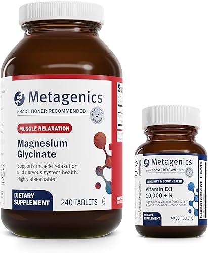 Metagenics Bundle - Glicinato de magnesio y D3 10,000 + K - 240 tabletas de glicinato de magnesio para apoyo del sistema nervioso - 60 cápsulas