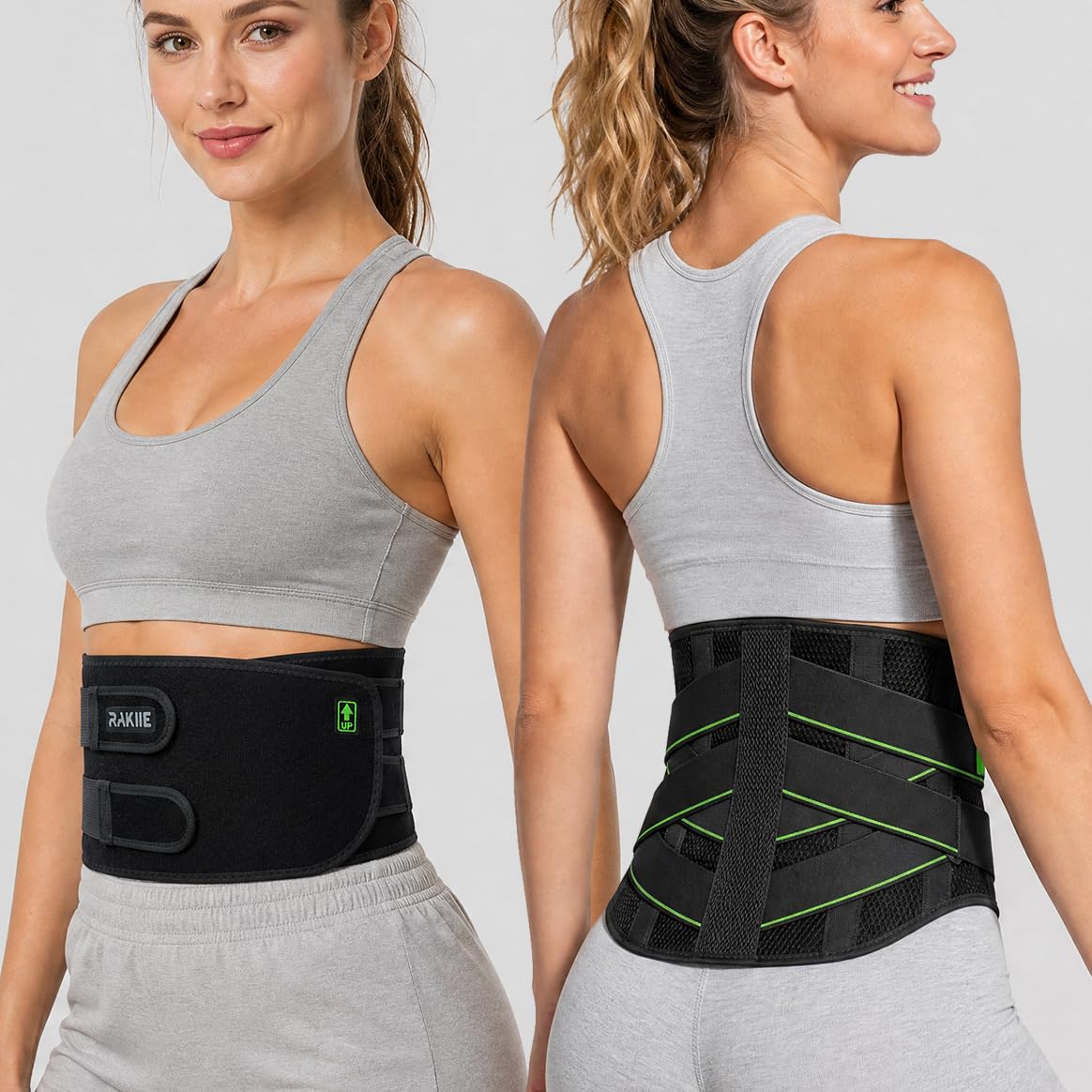 Rakiie Back Brace with Powerful Lumbar Support, Upgraded 3D Silicone Pad for Lower Back Pain Relief, Breathable Back Support Belt for Sciatica Scoliosis, XL