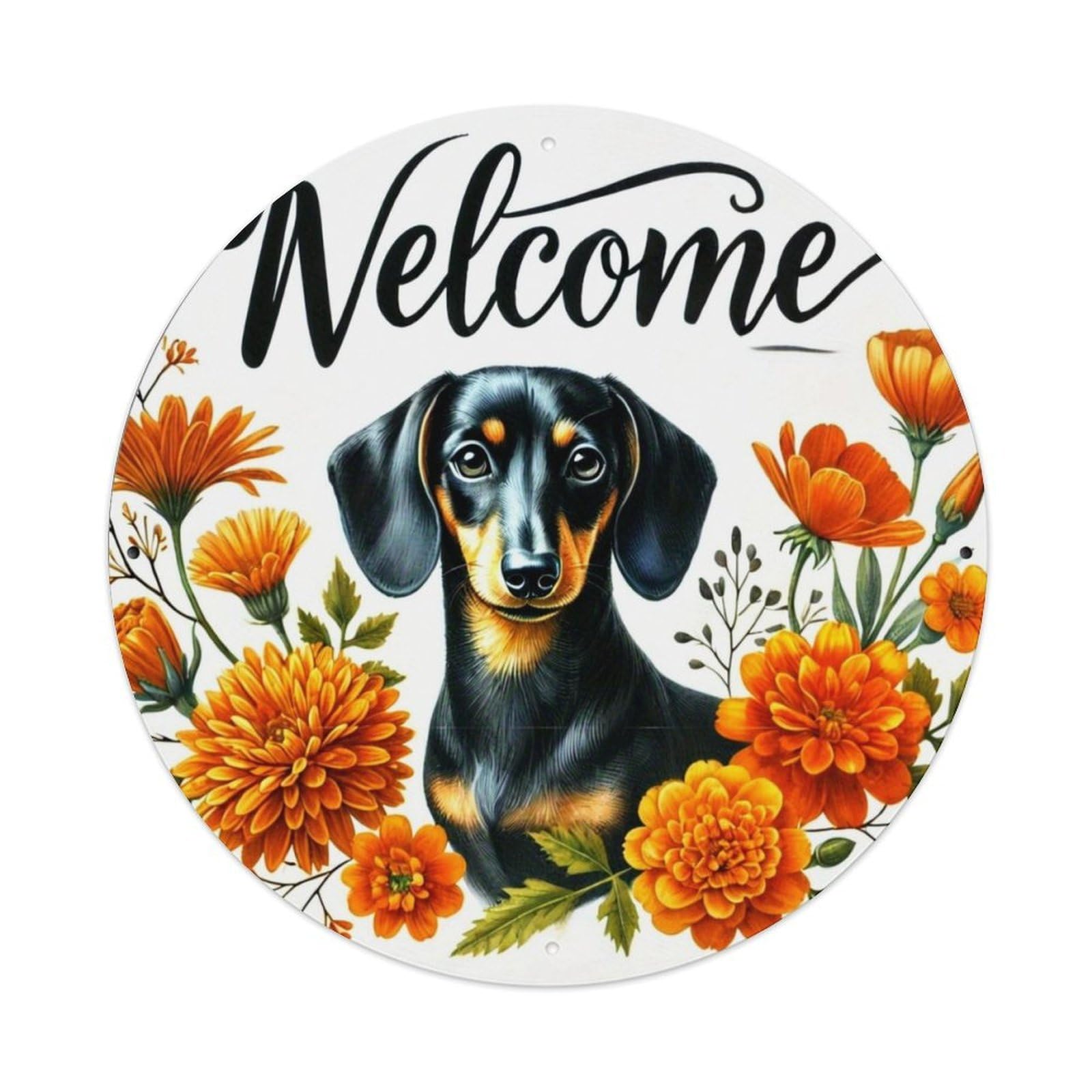 Dachshund Flowers Welcome Art Design Retro Metal Sign Round Tin Sign, Vintage Decor Art Poster for Bar, Home, Man Cave, Kitchen, Laundry Room Gift 8x8Inch