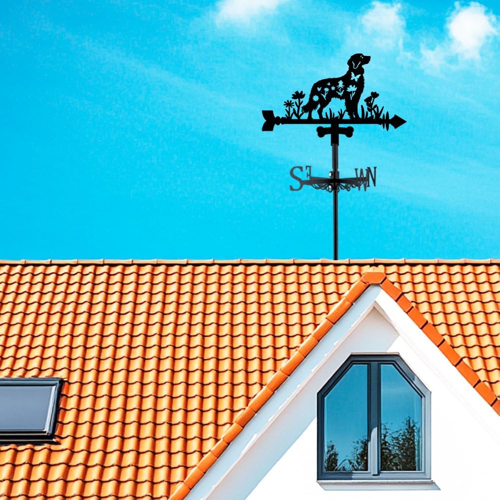 Dog Weathervane Metal Wind Vane Animal Flowers Garden Art Decoration Direction Sign Indicator Stake Mount Ornament for Patio Lawn Farmhouse Yard Roof Outdoor