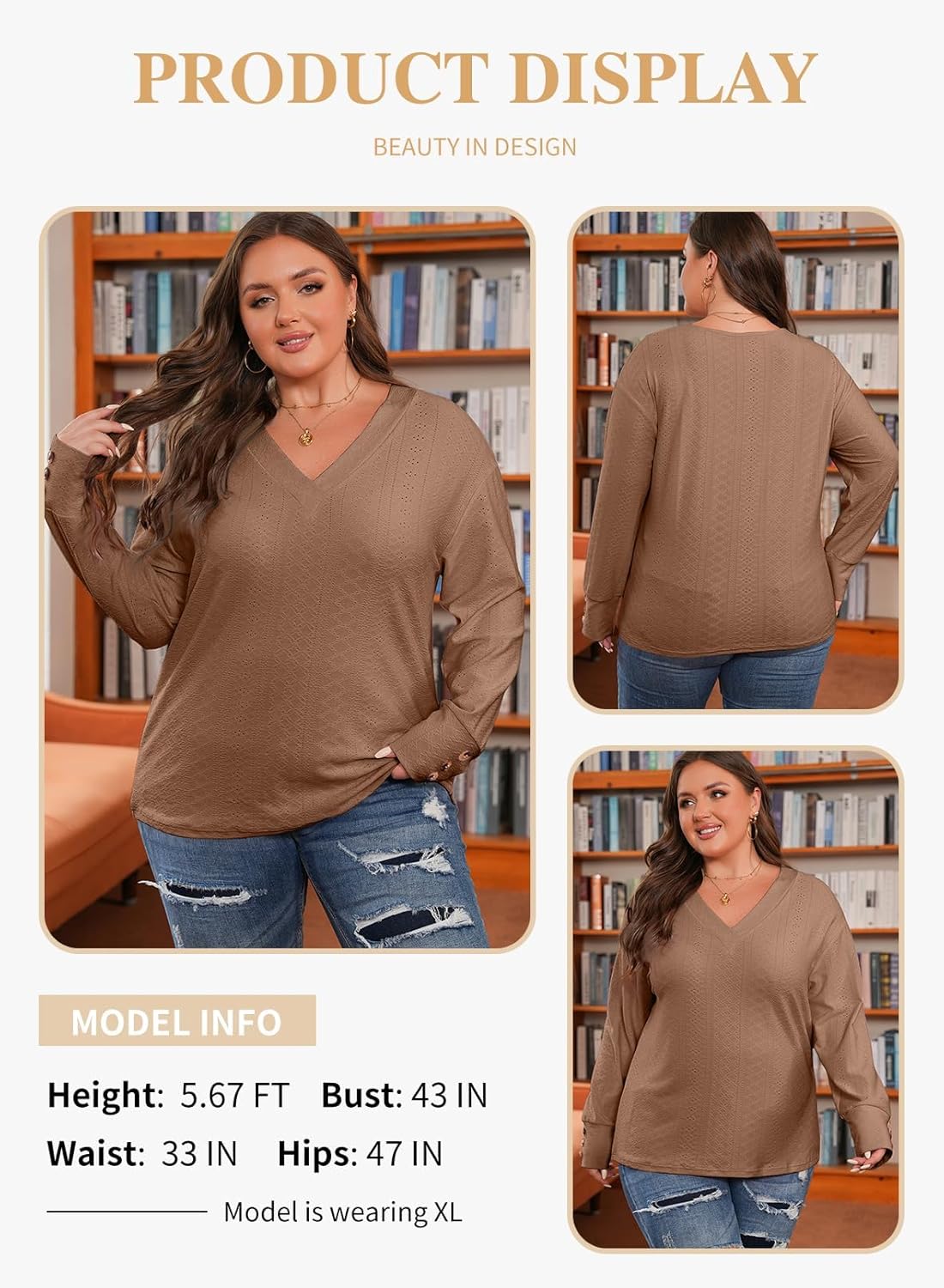 Eytino Plus Size Tops for Women Casual V Neck Long Sleeve Buttons Hollow Out Lace Embroidered Blouses Shirts(1X-5X) - Image 3