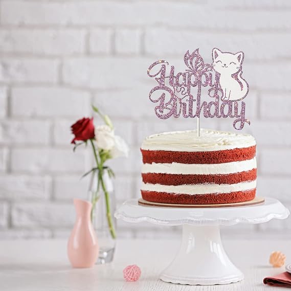 Cat Happy Birthday Cake Topper Butterfly Kitten Pet Themed Birthday Cute Meow Pawty Birthday Party Boy Girl Baby Shower Party Decoration Glitter