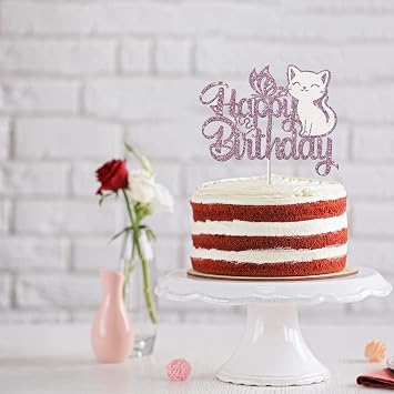 Cat Happy Birthday Cake Topper Butterfly Kitten Pet Themed Birthday Cute Meow Pawty Birthday Party Boy Girl Baby Shower Party Decoration Glitter