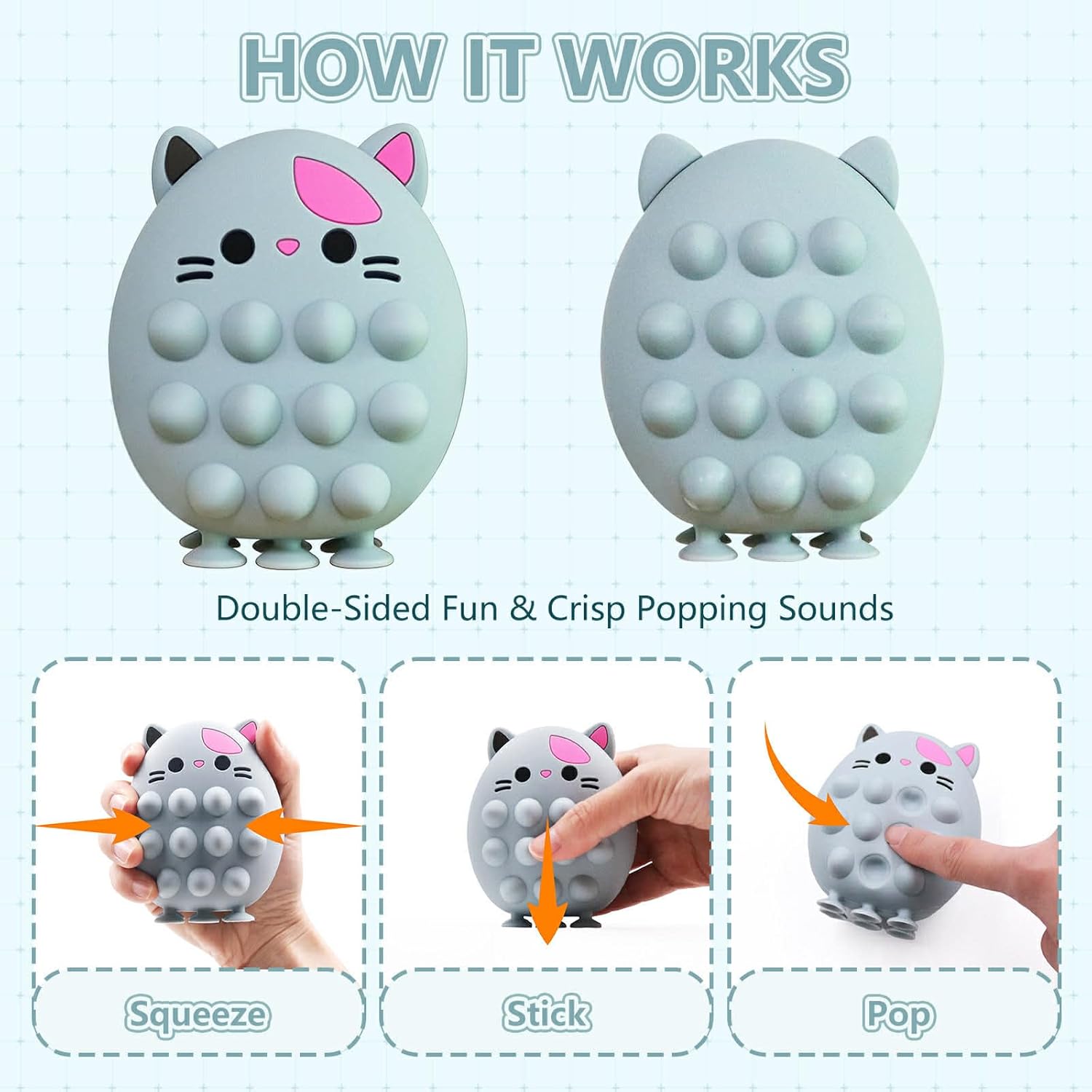 Gray Cat Squishy Fidget Toy, Pop Squeeze Sticky Sensory Toy, Ages 3+