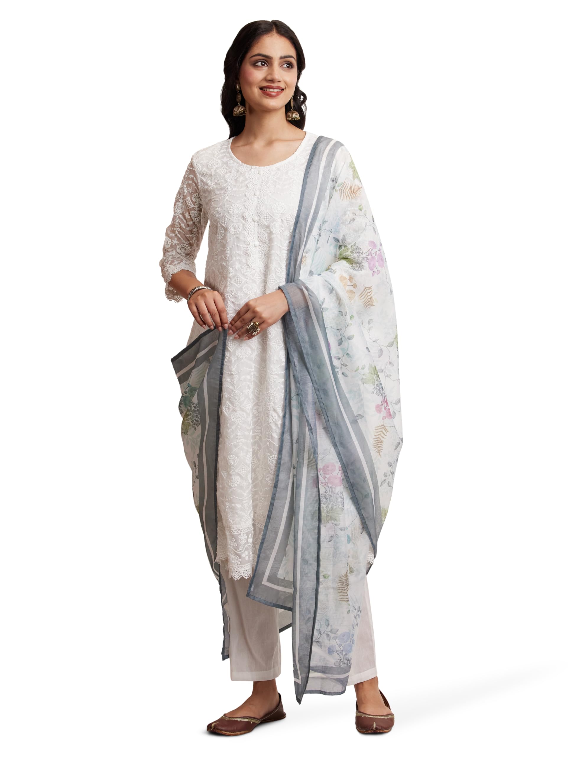 amazon brand - myx Women's Organza Relaxed Chikankari A-Line Kurta Pant Set with Dupatta-picture-54