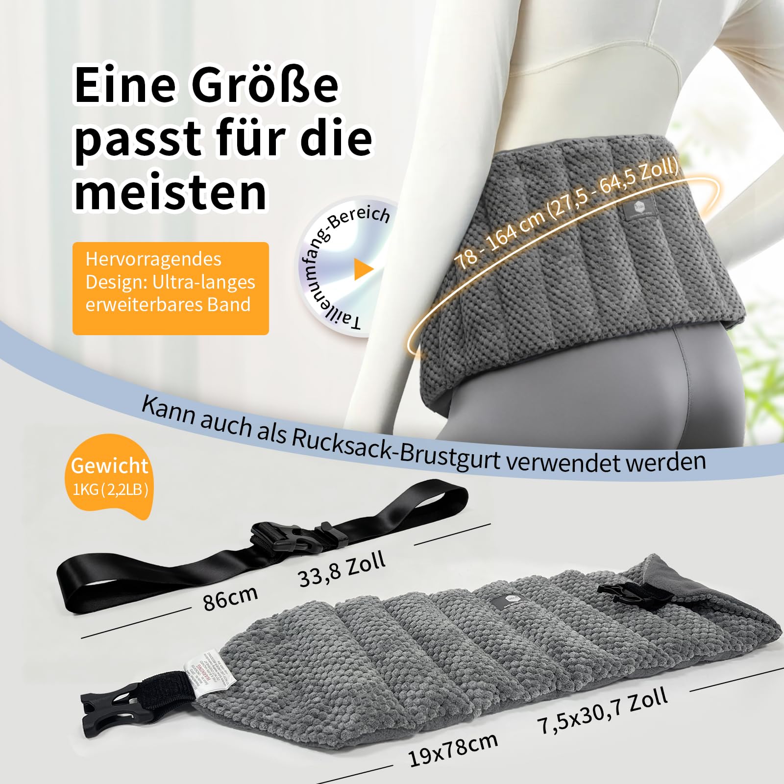 uncn Kirschkernkissen Rücken 78x19 cm - 1KG, Mikrowelle Heizkissen mit 86 cm Verlängerbarem Gurt – Flexibel Für Jede Körperpartie, Groß Körnerkissen mit Duft
