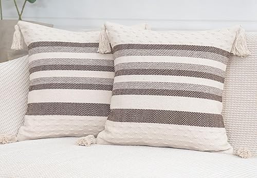 Miniatura 2 de vctops Funda de almohada de rayas estilo granja con borla, funda de cojín decorativa moderna para sofá, dormitorio, sin relleno (café, 18 x 18