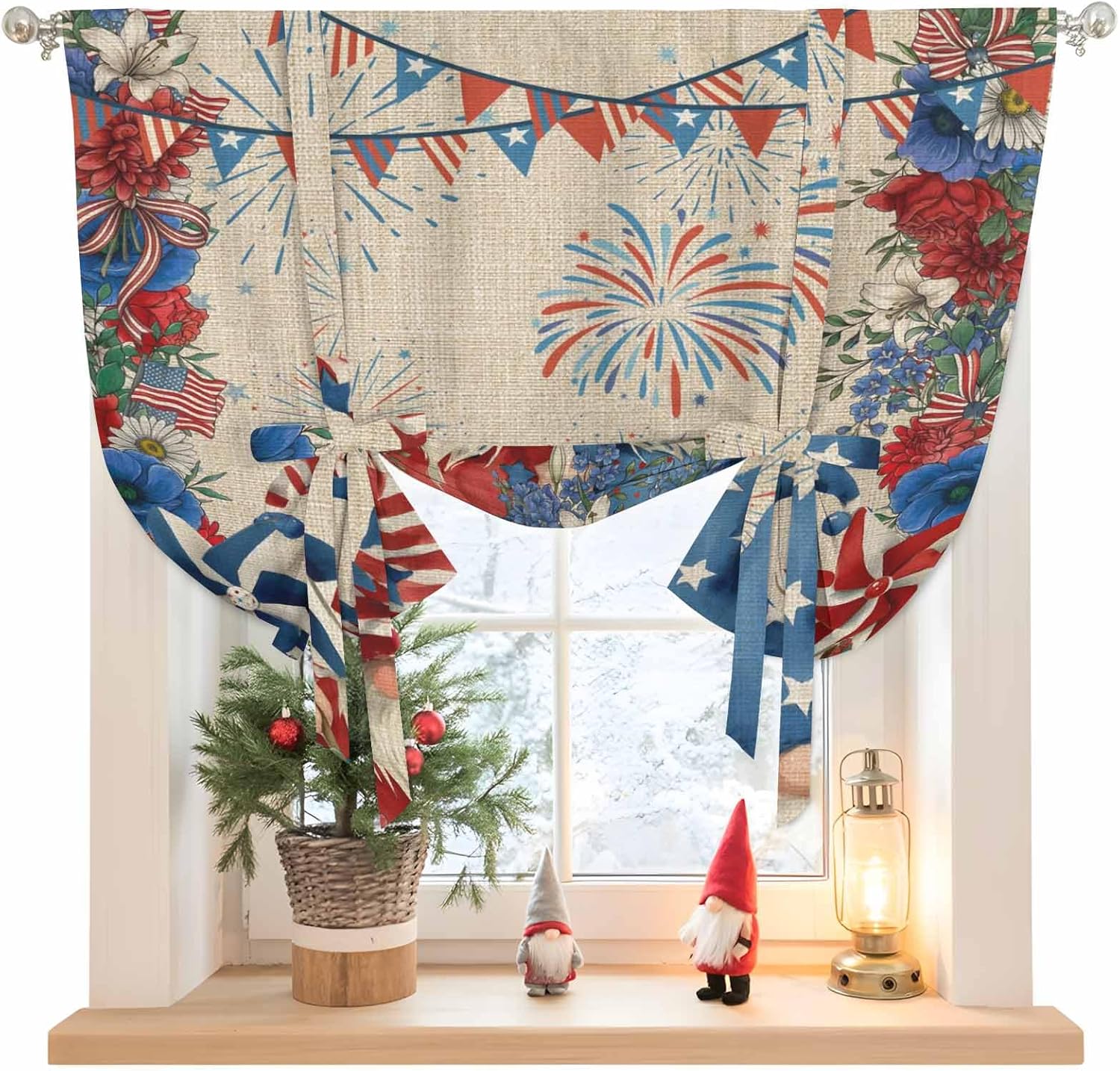 Independence Day Gnomes Tie Up Curtains for Windows 63 Inch Length Balloon Curtains Kitchen Adjustable Balloon Window Shade Red Blue Poppy Floral Beige Tie Up Valance Bathroom Curtain Window 52"x63"