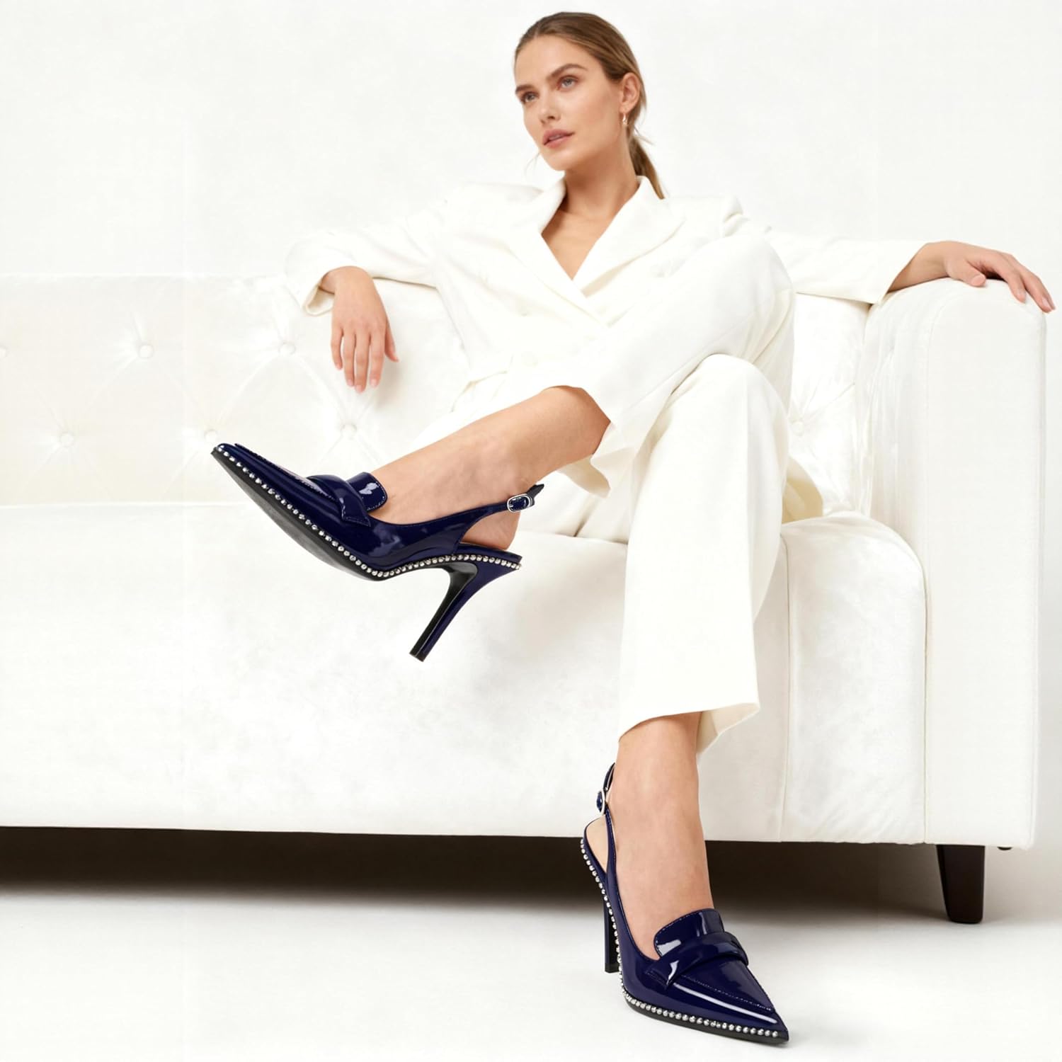 Esvowido Slingback Heels for Women Stilettos Beaded Pointed Toe Shoes Slip On Loafers Pumps High Heel Shoes for Women - Image 3