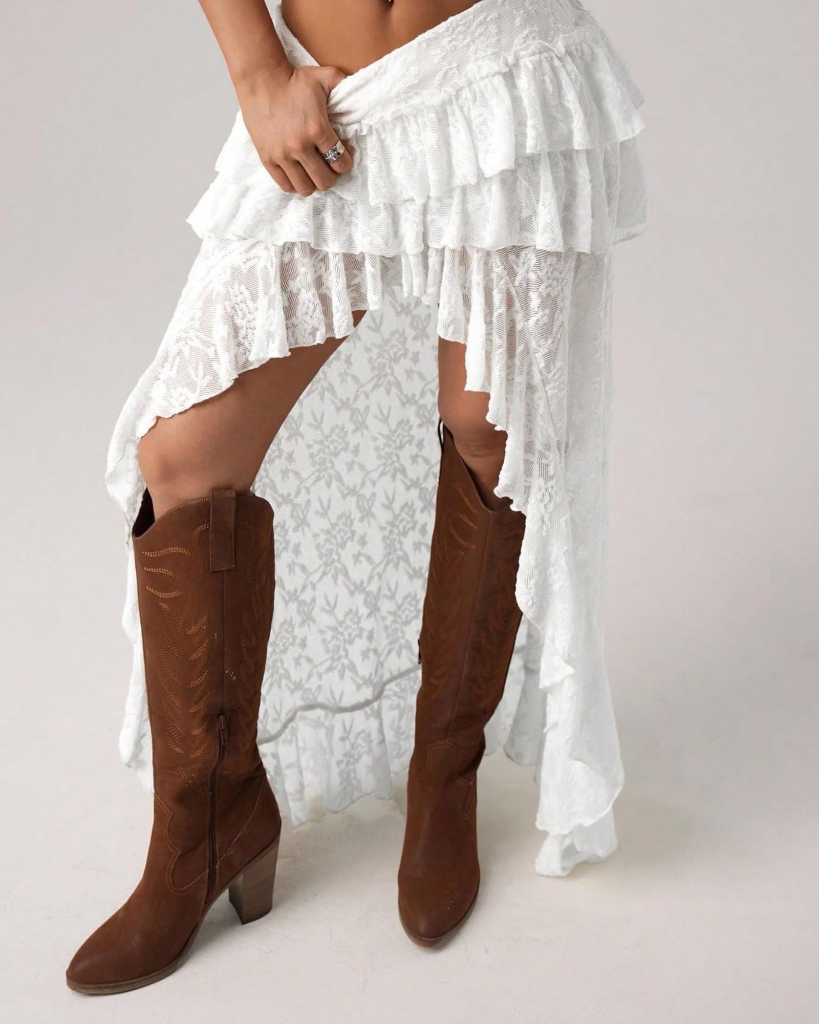 Generico Gonna Lunga Donna Y2K a Strati in Pizzo, Maxi Gonna Boho Floreale Asimmetrica con Volant, in Rete Trasparente – Stile Western Cowgirl per Vacanze
