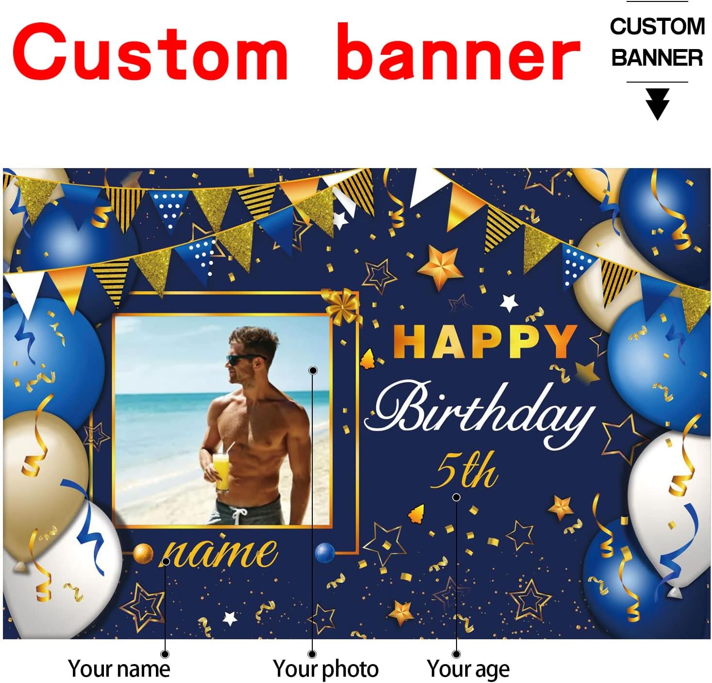 Custom Navy Blue and Gold Happy Birthday Sign Birthday Party Decorations Supplies Personalized Navy Blue Backdrop Banner (6x9ft)