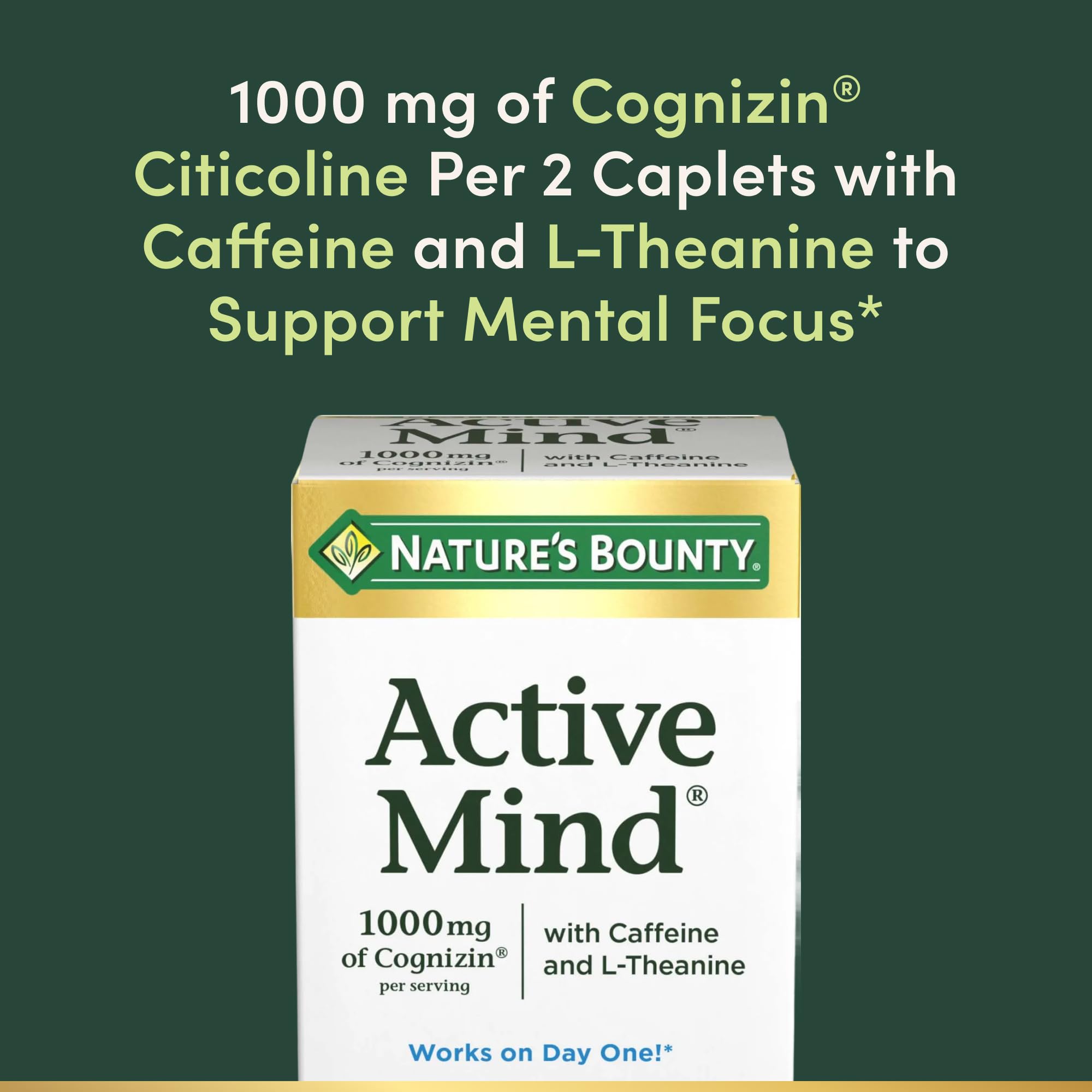 Nature's Bounty Active Mind Dietary Supplement, Supports Focus and Attention, 1000 mg Cognizin with L-Theanine and Caffeine Pills, 60 Caplets