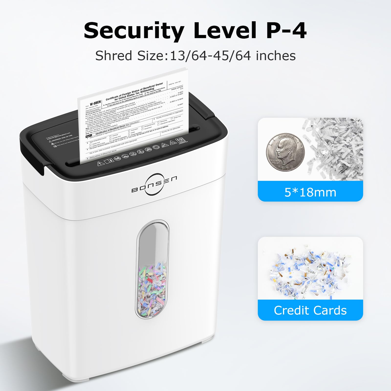 Bonsen - Trituradora de papel de corte cruzado de 10 hojas para oficina en casa, P-4, mango portátil, contenedor de 4 galones, papel y trituradora de tarjetas de crédito, blanco (S3201-W nueva versión