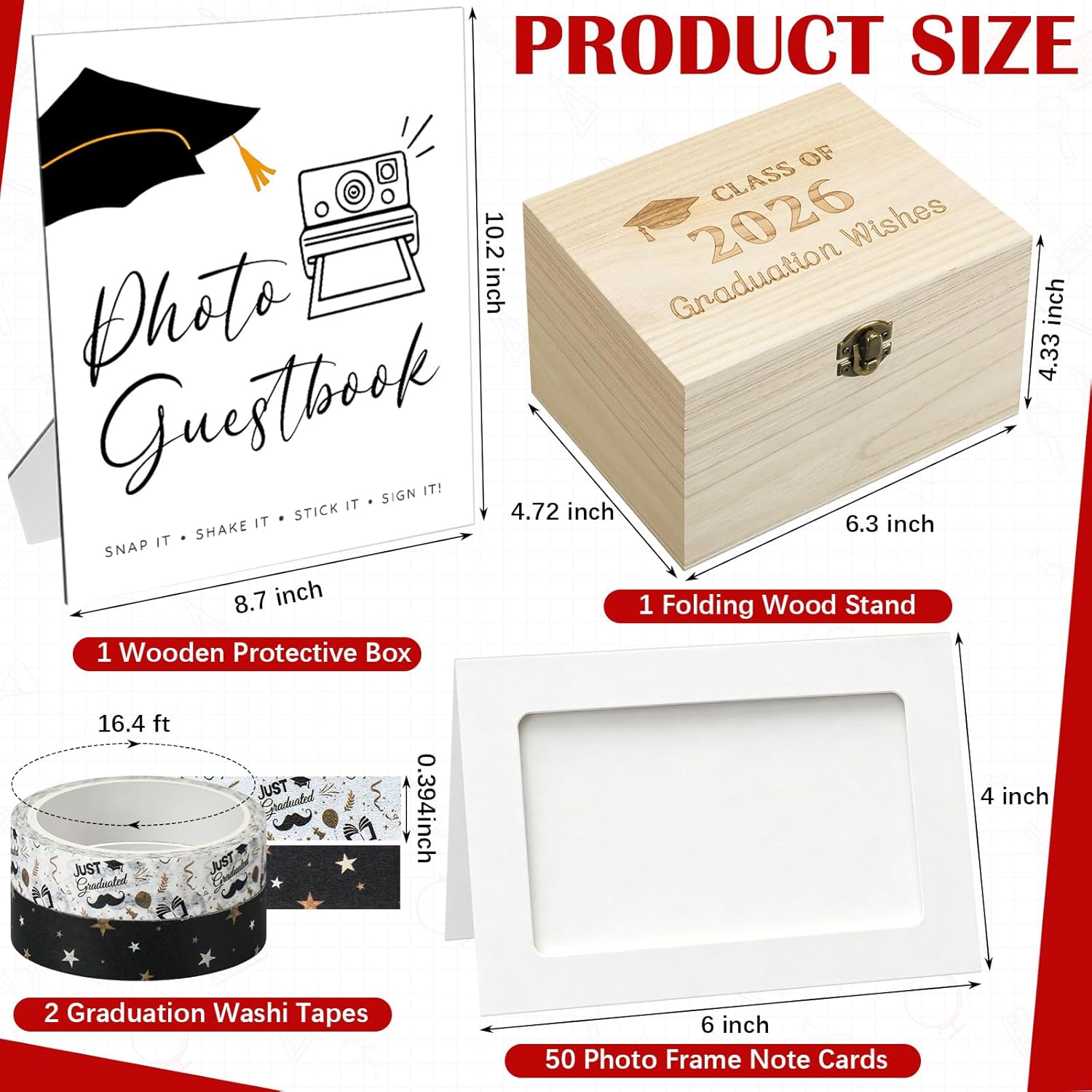 Epakh Class of 2026 Graduation Wishes Cards Box Graduation Party Photo Frame Note Cards for 4" x 6" Photos with 10 Metallic Markers 2 Washi Tape Wooden Keepsake Box for Grad Party Decor(White Card)
